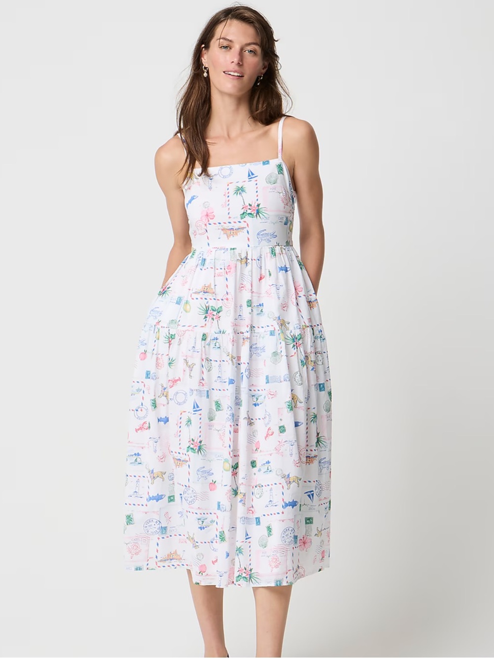 J. Crew | 100% Cotton Strappy Sleeveless Midi Dress with Travel Themed Print